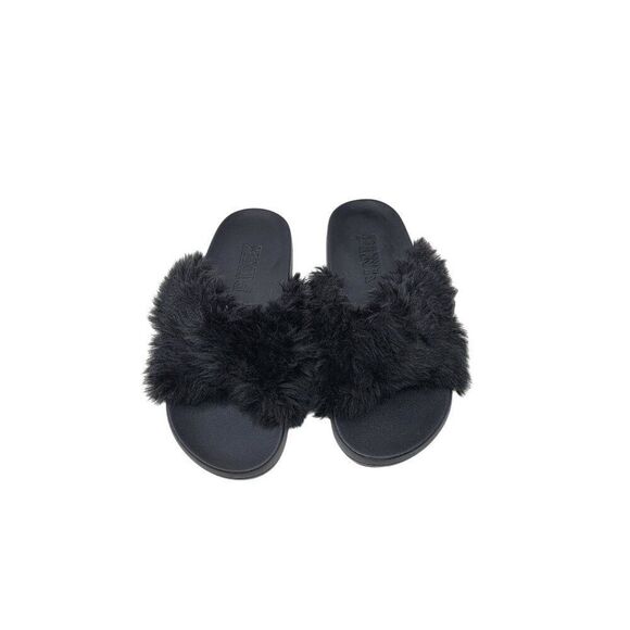 Victoria's Secret Pink Womens Faux Fur Slide Slippers Black S Fuzzy Open Toe - Picture 2 of 11